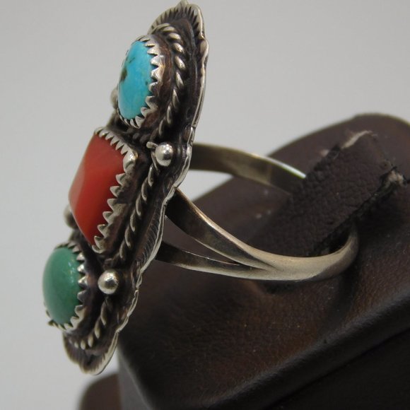 Sterling Turquoise and coral Ring Signed - Picture 3 of 4